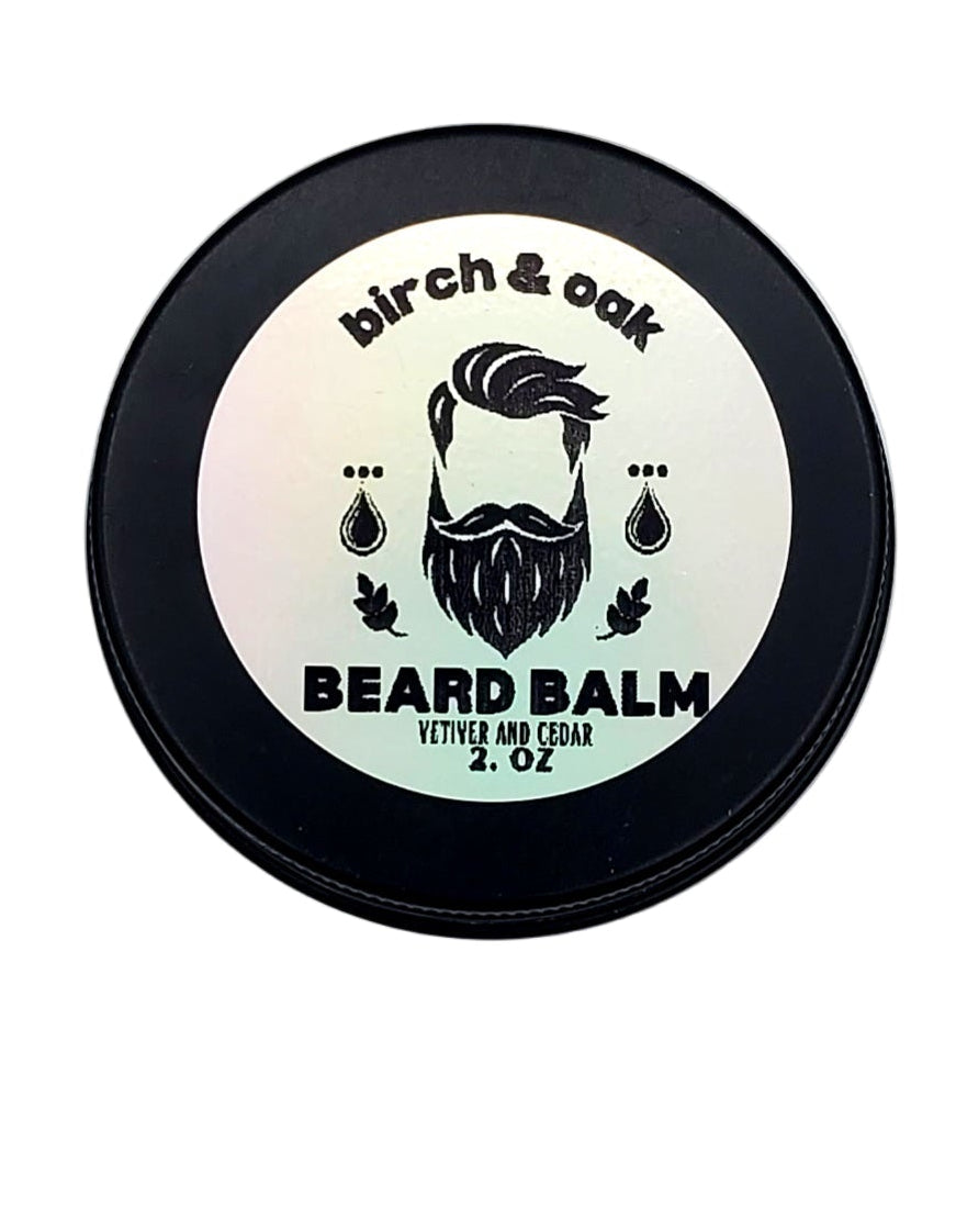Beard balm container with 'birch & oak' branding on a white background