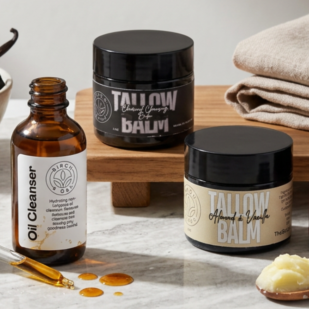 Double Cleanse & Moisturize Set | Oil Cleanser + Charcoal Cleansing Balm + Tallow Balm by Birch & Oak