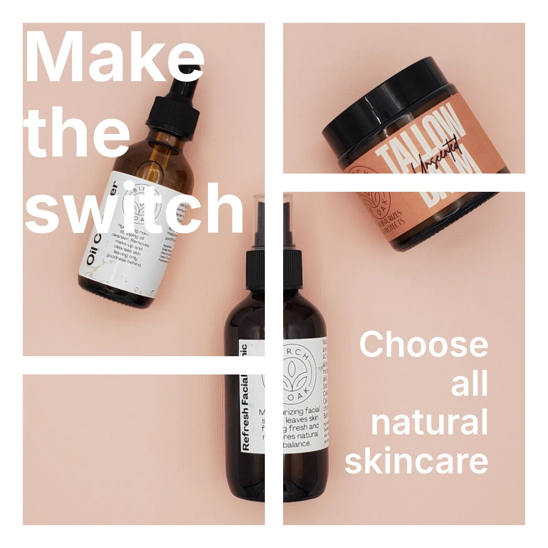 An image showcasing three skin care products with a focus on natural ingredients. The products are bottles and a jar, likely containing the toner and its ingredients such as apple cider vinegar and aloe vera.