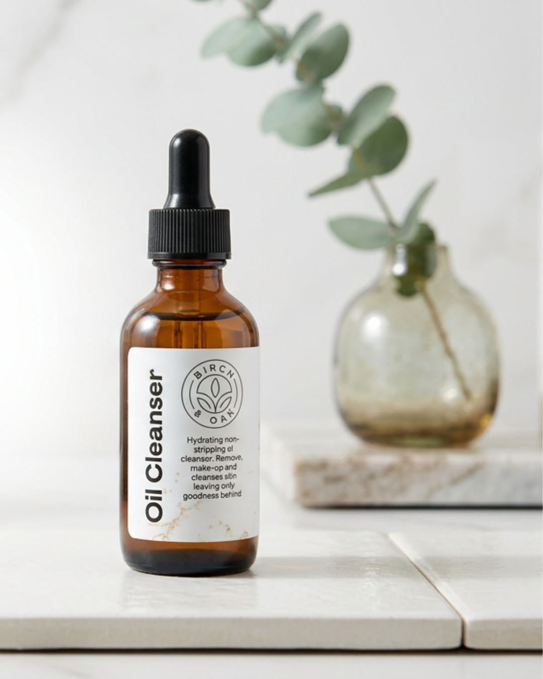 Bottle of oil cleanser with a dropper on a light surface with a plant in the background