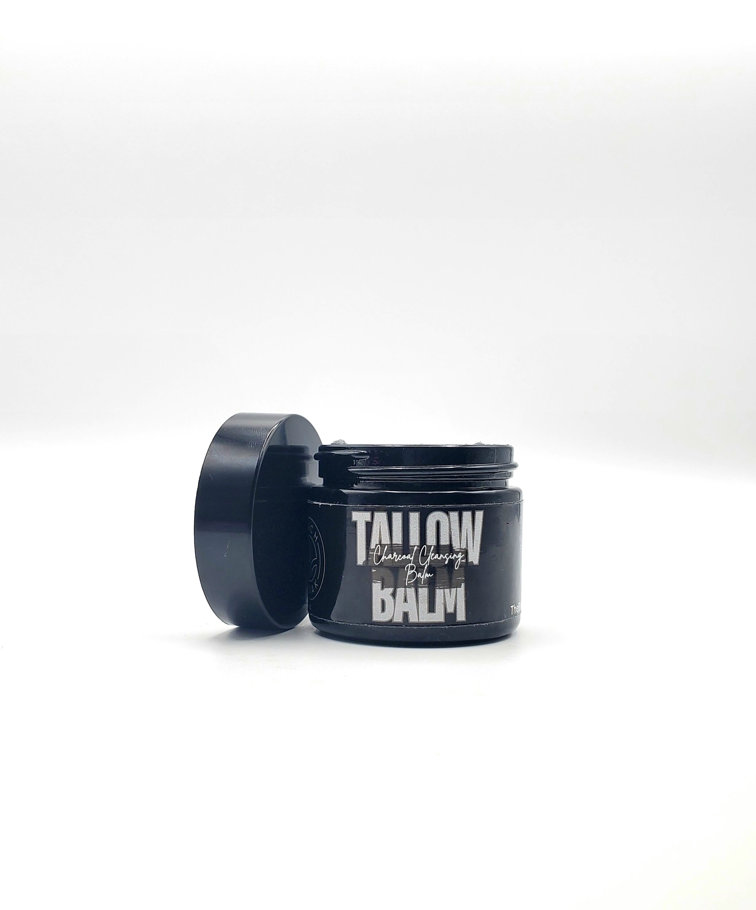 Black jar of Tallow Balms on a white background