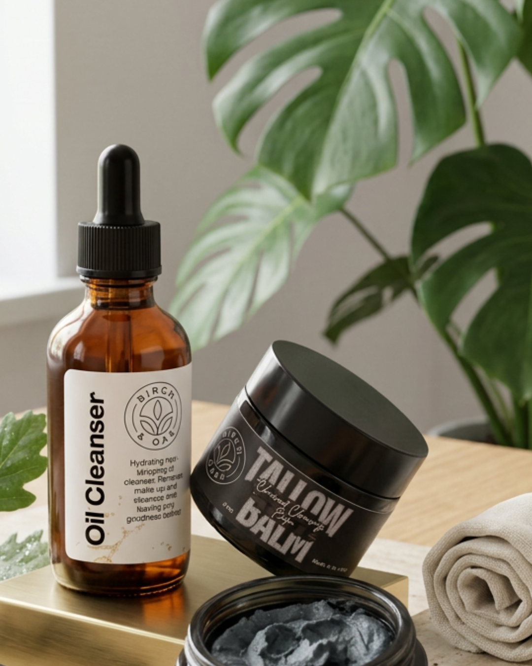 Bottle of 'Oil Cleanser' and a jar labeled 'Tallow Balm' on a wooden surface with a plant in the background.